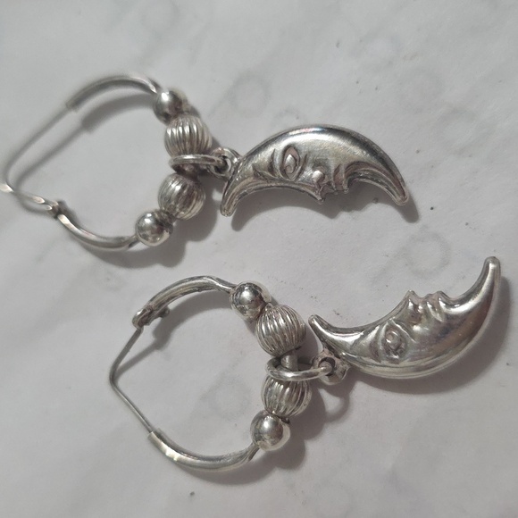Vintage 925 Moon Hoop Earrings - Picture 2 of 7